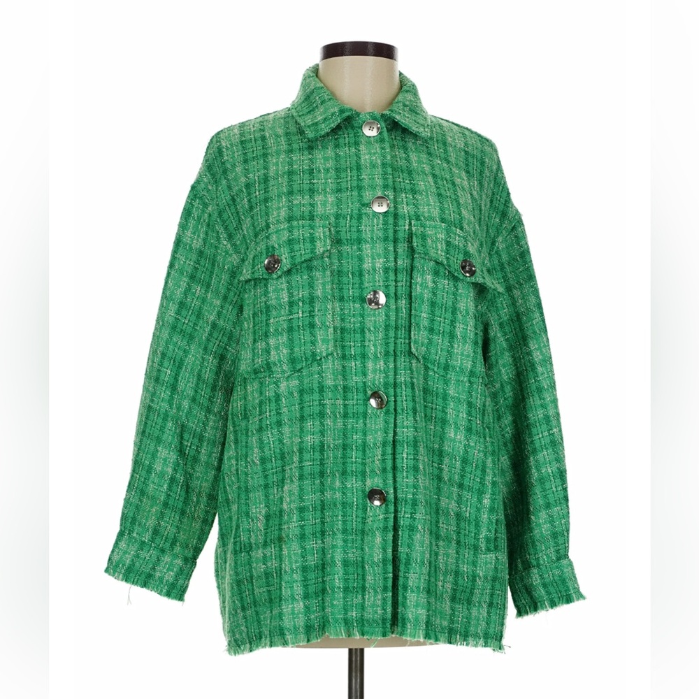 Zara Green Tweed Frayed Hem Shacket Size Small